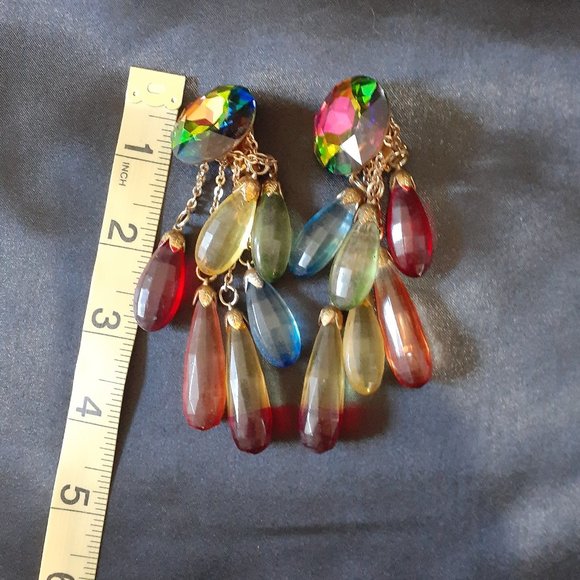 Vintage Aurora Borealis Dangle Clip Earrings four inches - Picture 10 of 10